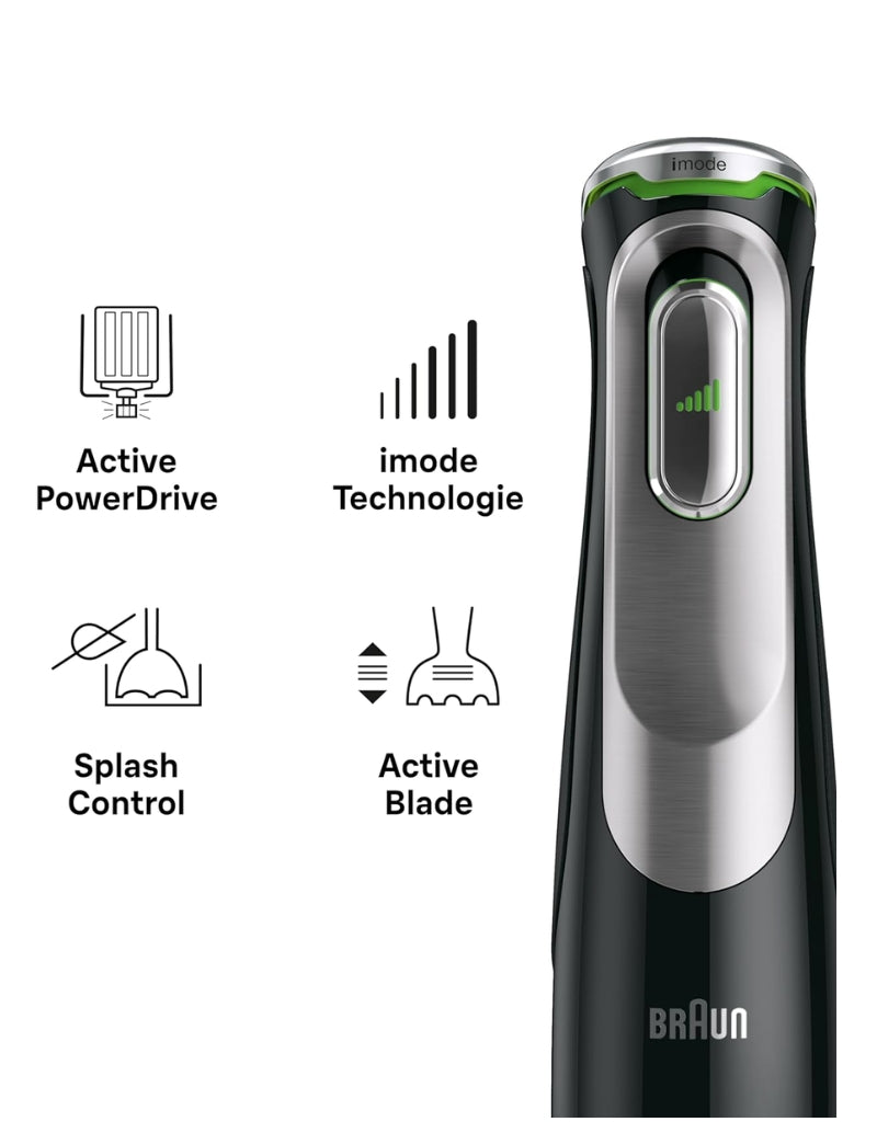 Braun Multiquick 9 Hand Blender features: Active PowerDrive, iMode technology, Splash Control, Active Blade