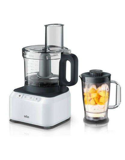 A white Braun household food processor with a 1.2L mixer and 2.1L bowl, displayed on a neutral background.