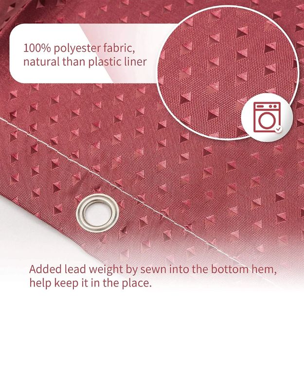 Burgundy shower curtain with washing, drying and eco-friendly care instructions.