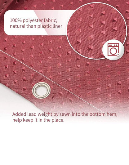 Burgundy shower curtain with washing, drying and eco-friendly care instructions.