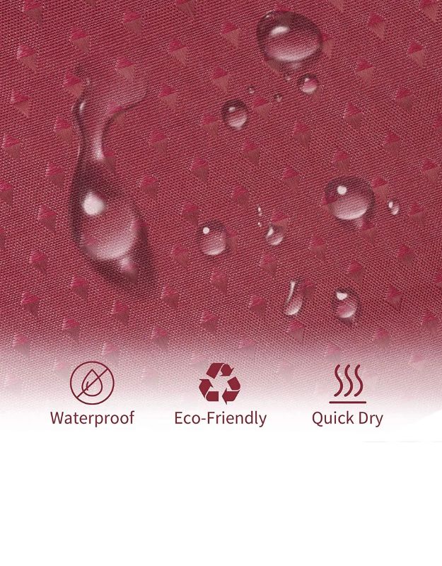Burgundy shower curtain fabric showing waterproof and quick-dry surface.