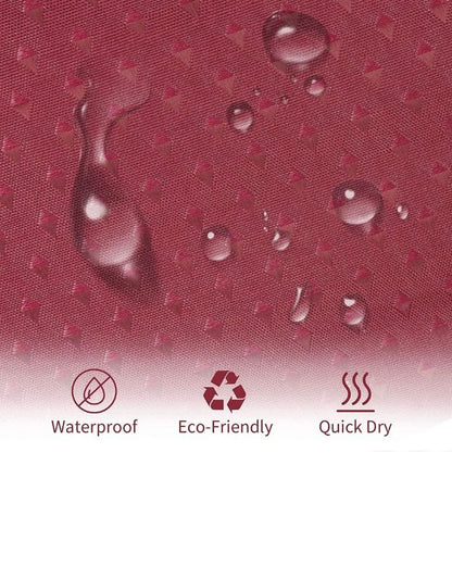 Burgundy shower curtain fabric showing waterproof and quick-dry surface.