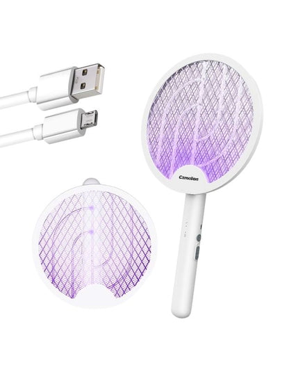 A white electric mosquito swatter with a foldable handle, accompanied by a USB charging cable and a round adhesive trap.