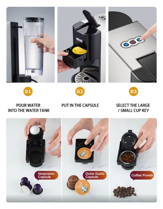 Capsule coffee machine compatible with Nespresso, Dolce Gusto, and ground coffee.