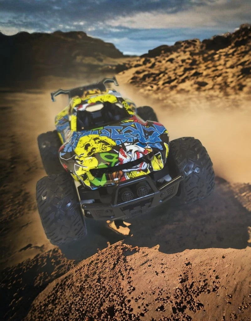 Car King 1:16 RC climbing mountain car driving fast on rocky off-road terrain.