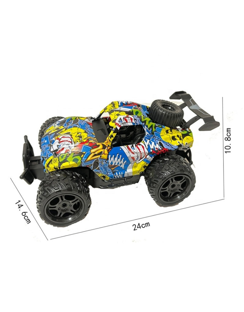 Car King 1:16 RC mountain car showing product size dimensions 24×14.6×10.8 cm.