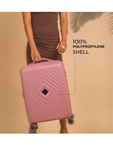 Rose pink carry-on suitcase with durable 100% polypropylene shell.