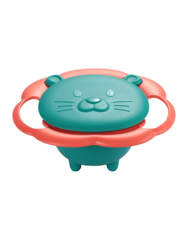 Cute animal-themed lid on a spill-proof toddler bowl with dual handles for easy grip.