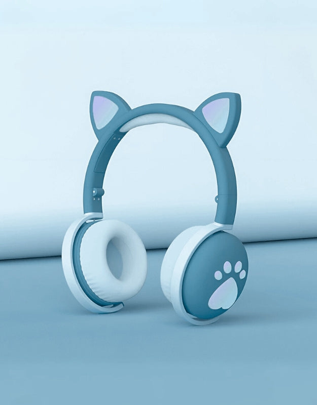 Cute blue cat ear LED Bluetooth headphones with paw print design and cushioned ear pads