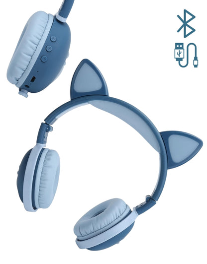 Wireless cat ear Bluetooth headphones with LED paw lights, USB charging port, and Bluetooth connectivity