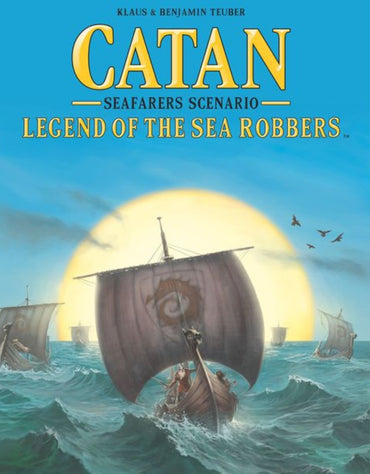 Catan Seafarers Scenario Legend of the Sea Robbers box cover showing Viking ships on the sea
