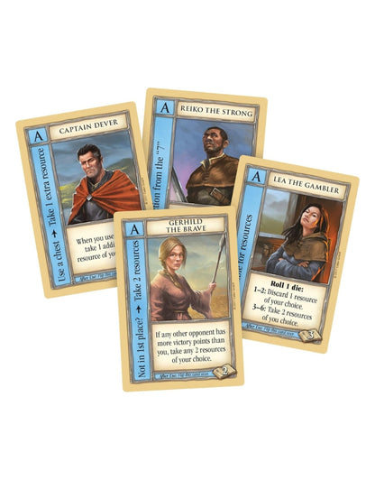 Catan Seafarers Legend of the Sea Robbers character cards including Captain Dever, Reiko the Strong, Gerhild the Brave and Lea the Gambler