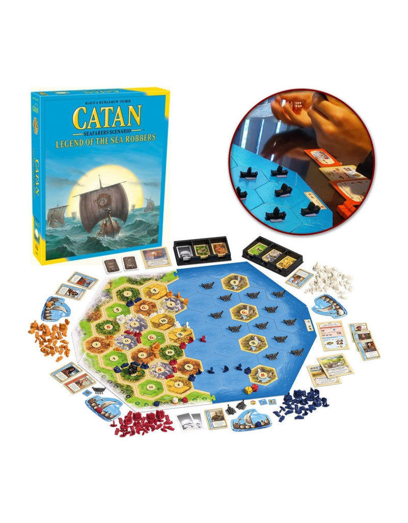 Catan Seafarers Scenario Legend of the Sea Robbers board game set with box, map, cards and components displayed
