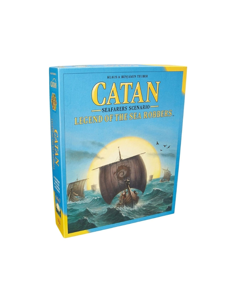 Side angled view of the Catan Seafarers Scenario Legend of the Sea Robbers game box