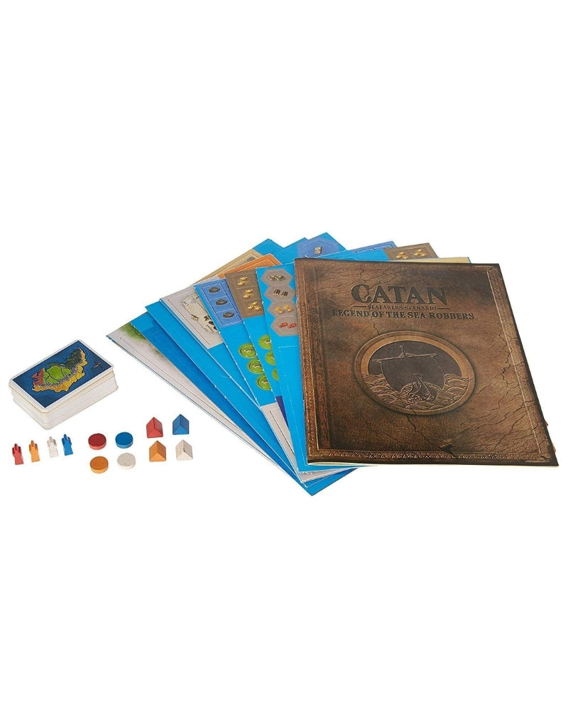 Catan Seafarers Legend of the Sea Robbers game contents including tokens, cards and scenario sheets