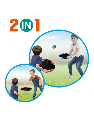 Two kids playing the 2-in-1 Catch Balls Game with orange and blue portable paddles outdoors.