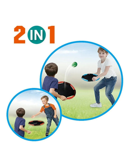 Two kids playing the 2-in-1 Catch Balls Game with orange and blue portable paddles outdoors.
