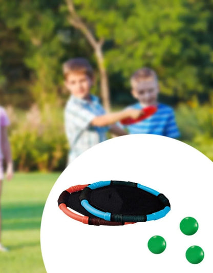 Two portable Catch Balls Game paddles (red/orange and blue) with four green balls for beach or outdoor play.