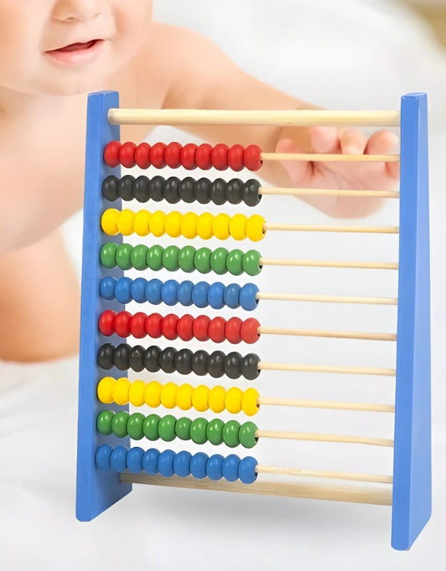 A close-up lifestyle photo showing a child's hands moving the colorful beads on the wooden abacus while learning to count