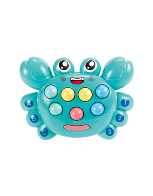 A child holding a small mallet, actively playing the electronic Whack-a-Mole game with a light-up mole in the background