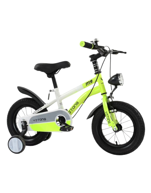 Children's bike with stabilisers, neon green and white frame, equipped with front light and caliper disc brakes