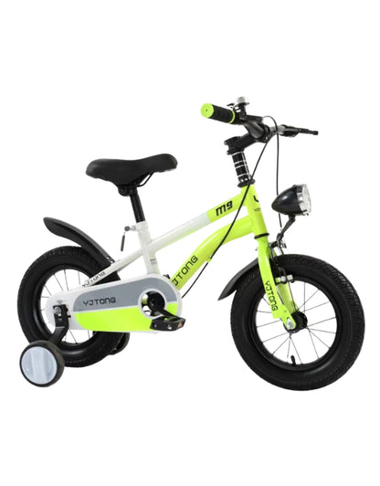 Children's bike with stabilisers, neon green and white frame, equipped with front light and caliper disc brakes