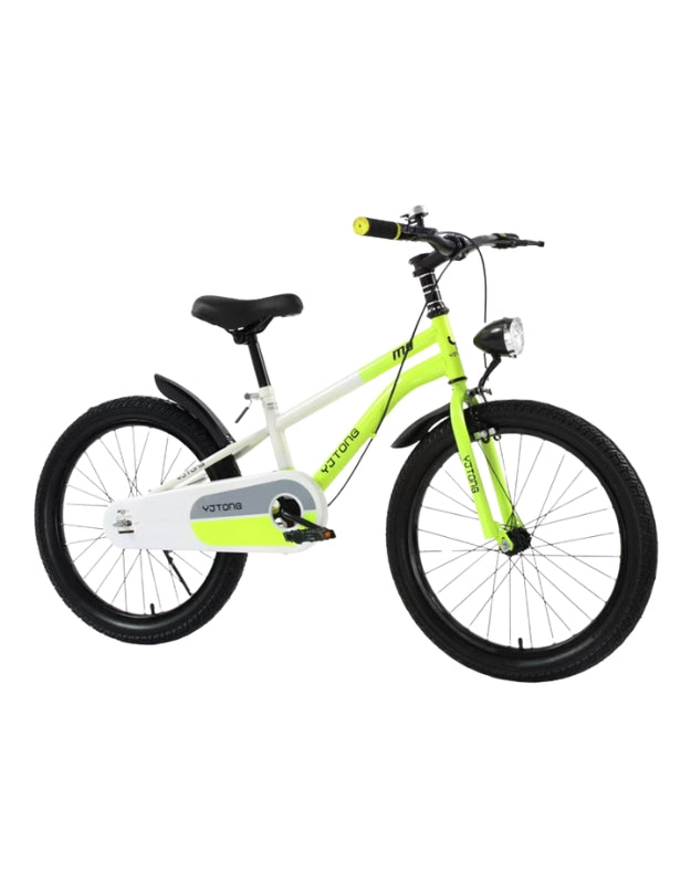 Children's bike with stabilisers, neon green and white frame, larger size model with caliper disc brakes