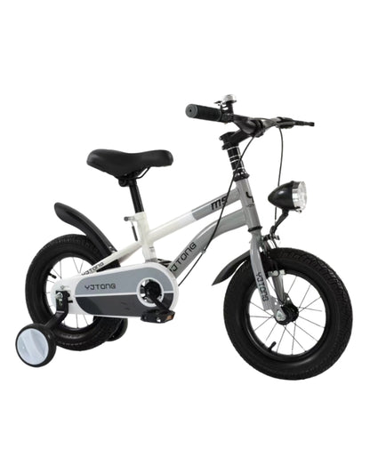 Children's bike with stabilisers, grey and white frame, featuring front light and caliper disc brakes