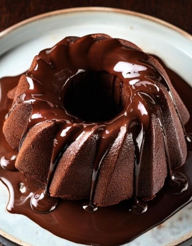 Chocolate Bundt cake with a glossy chocolate glaze on a white plate. Homemade chocolate bundt cake topped with rich chocolate glaze. 