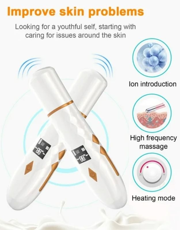 Rechargeable ultrasonic skin scrubber with LCD display, improve skin problems.