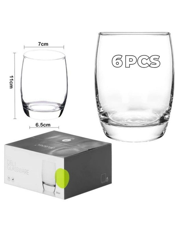 Set of six clear tumblers with dimensions and a box on a white 
background. Clear round whiskey glass with box packaging and dimensions, set of 6.