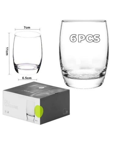 Set of six clear tumblers with dimensions and a box on a white 
background. Clear round whiskey glass with box packaging and dimensions, set of 6.