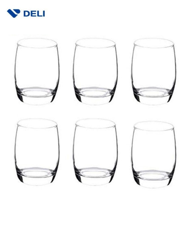 Set of six clear glasses on a white background with Deli logo. Set of six clear round whiskey glasses on white background.