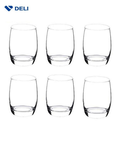 Set of six clear glasses on a white background with Deli logo. Set of six clear round whiskey glasses on white background.