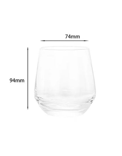 Clear glass with dimensions labeled on a white background. Clear whiskey glass with dimensions 94mm height and 74mm width.