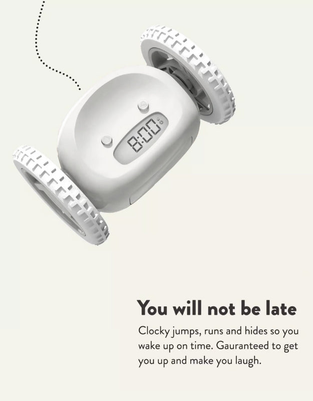 Moving alarm clock with wheels – jumps, runs, and hides to wake you up