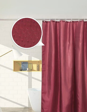 Close-up of burgundy shower curtain polyester fabric texture.