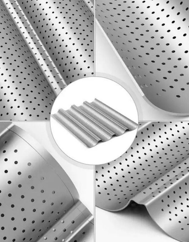 Collage of perforated metal sheets with close-up details. Close up of perforated nonstick baguette baking pan surface.