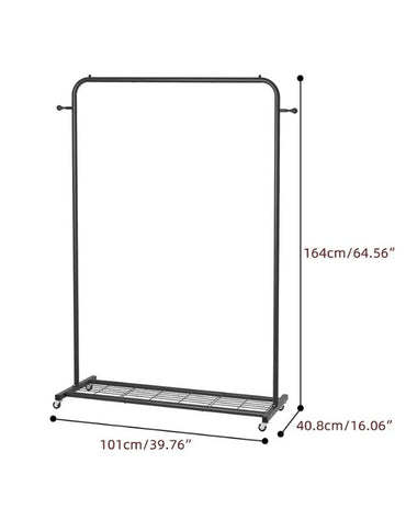 Black clothing rack with wheels, showing dimensions 164 cm height, 101 cm width, and 40 cm depth.