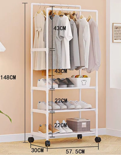 Clothing rack with shelves and clothes, measurements indicated, against a beige wall. Clothing rack with wheels and shelves showing dimensions 148cm height and 57.5cm width.