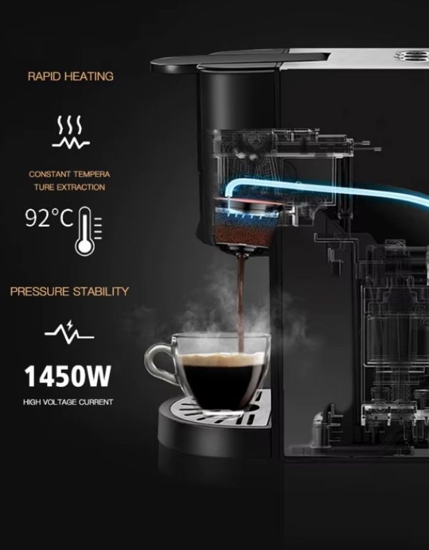 Cutaway view of espresso coffee maker showing rapid heating and pressure system.