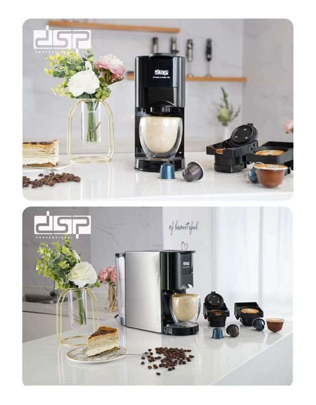 Modern espresso maker on a kitchen counter with cups, capsules, and desserts.