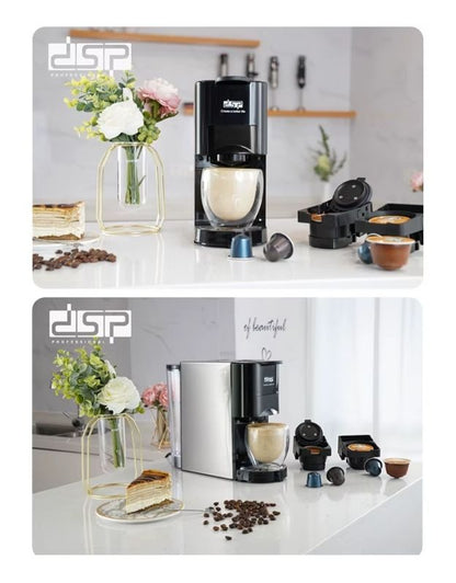Modern espresso maker on a kitchen counter with cups, capsules, and desserts.