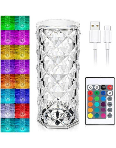 Color-changing crystal LED lamp with multiple light modes and effects.
