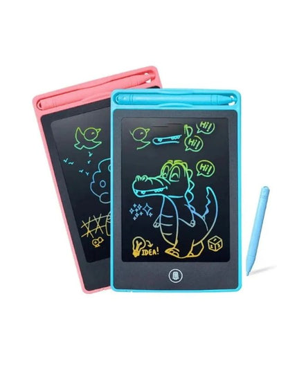Set of kids LCD drawing tablets in blue and pink with stylus pens.