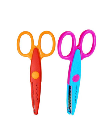 Two colorful children's plastic lace scissors with decorative cutting blades