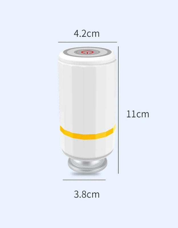 White cylindrical device with dimensions labeled on a plain background