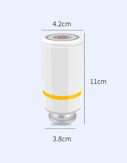 White cylindrical device with dimensions labeled on a plain background