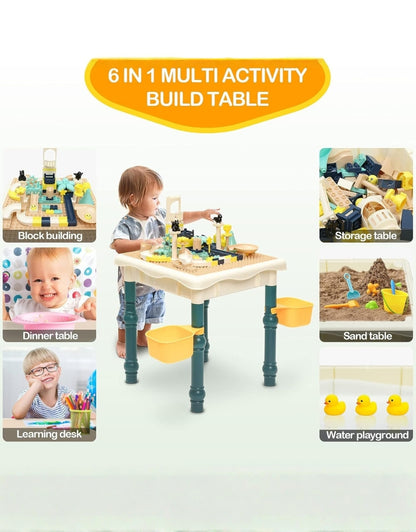 6 in 1 multi-activity construction table showing block building, storage, dinner table, sand table, learning desk, and water play options