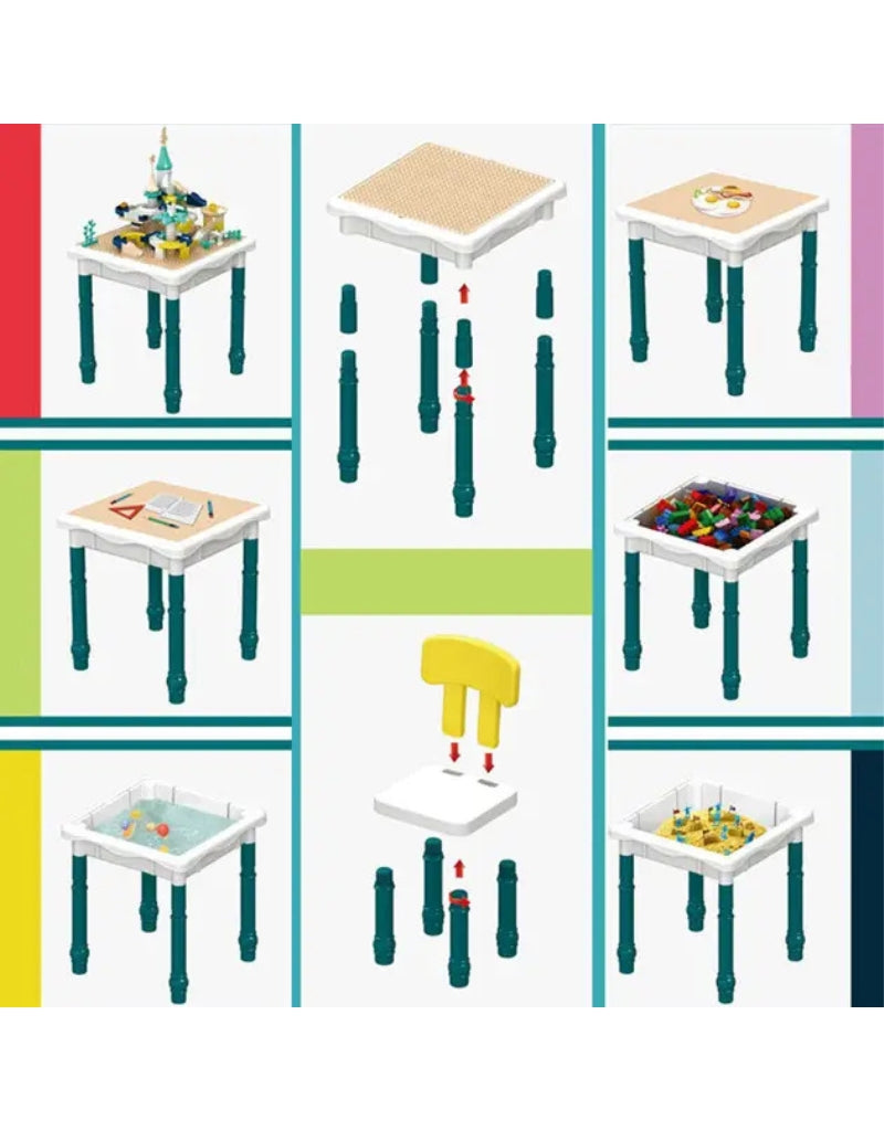 Assembly diagram showing how to set up the construction table, adjustable legs, and chair.